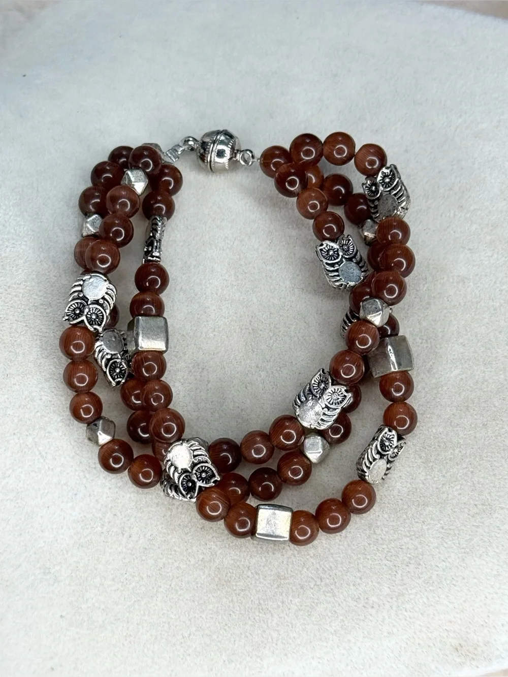 Brown Glass Bead Owl Necklace Silver Tone Multi Strand Magnetic Clasp Boho